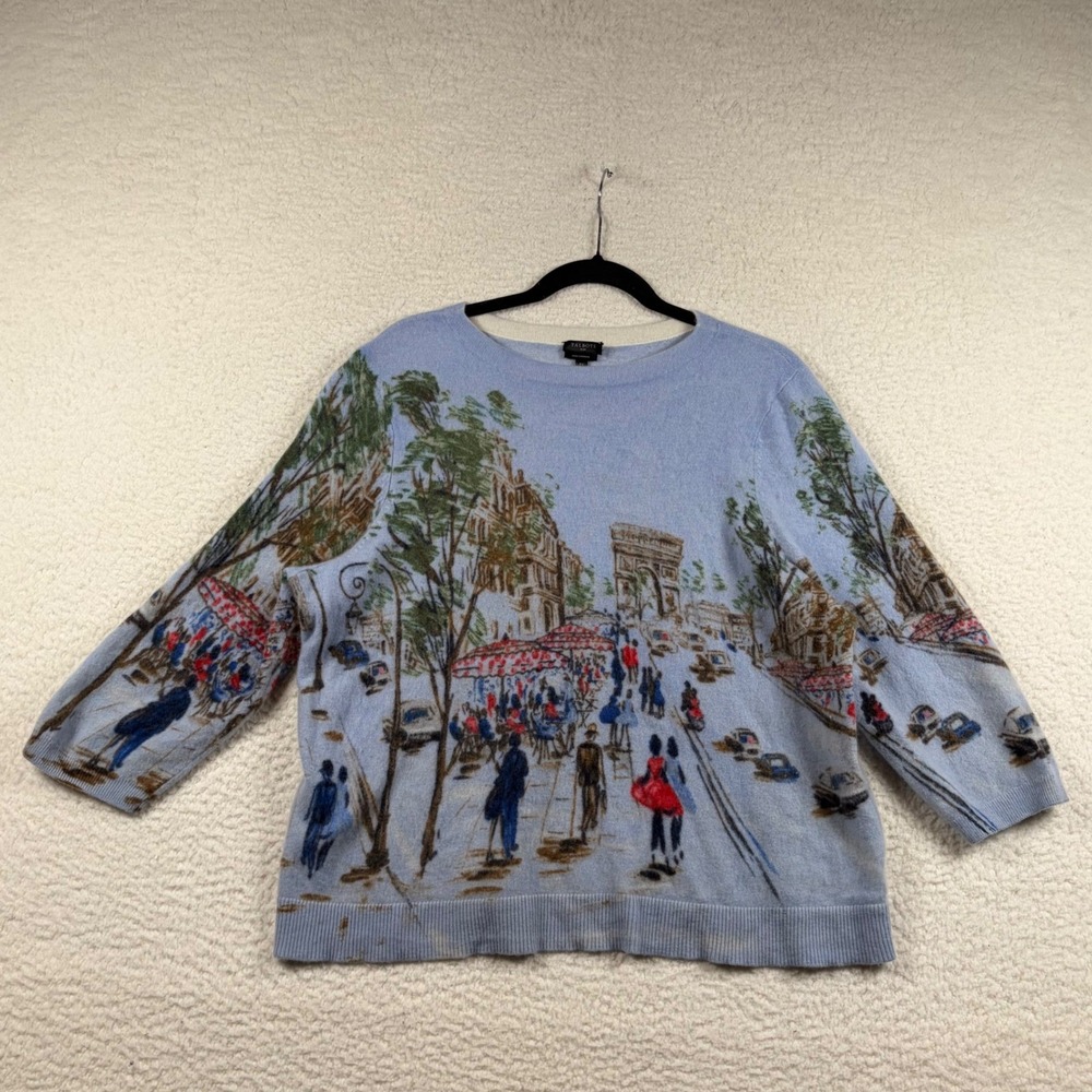 Talbots Pure Cashmere Sweater Women Paris Street Scene Graphic 3X Whimsical Chic